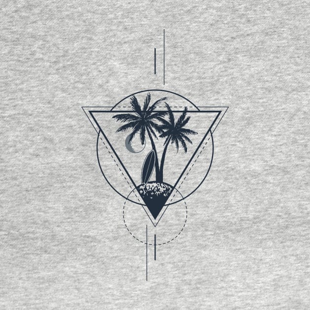 Palms, Surfboard And The Moon. Geometric, Line Art Style by SlothAstronaut